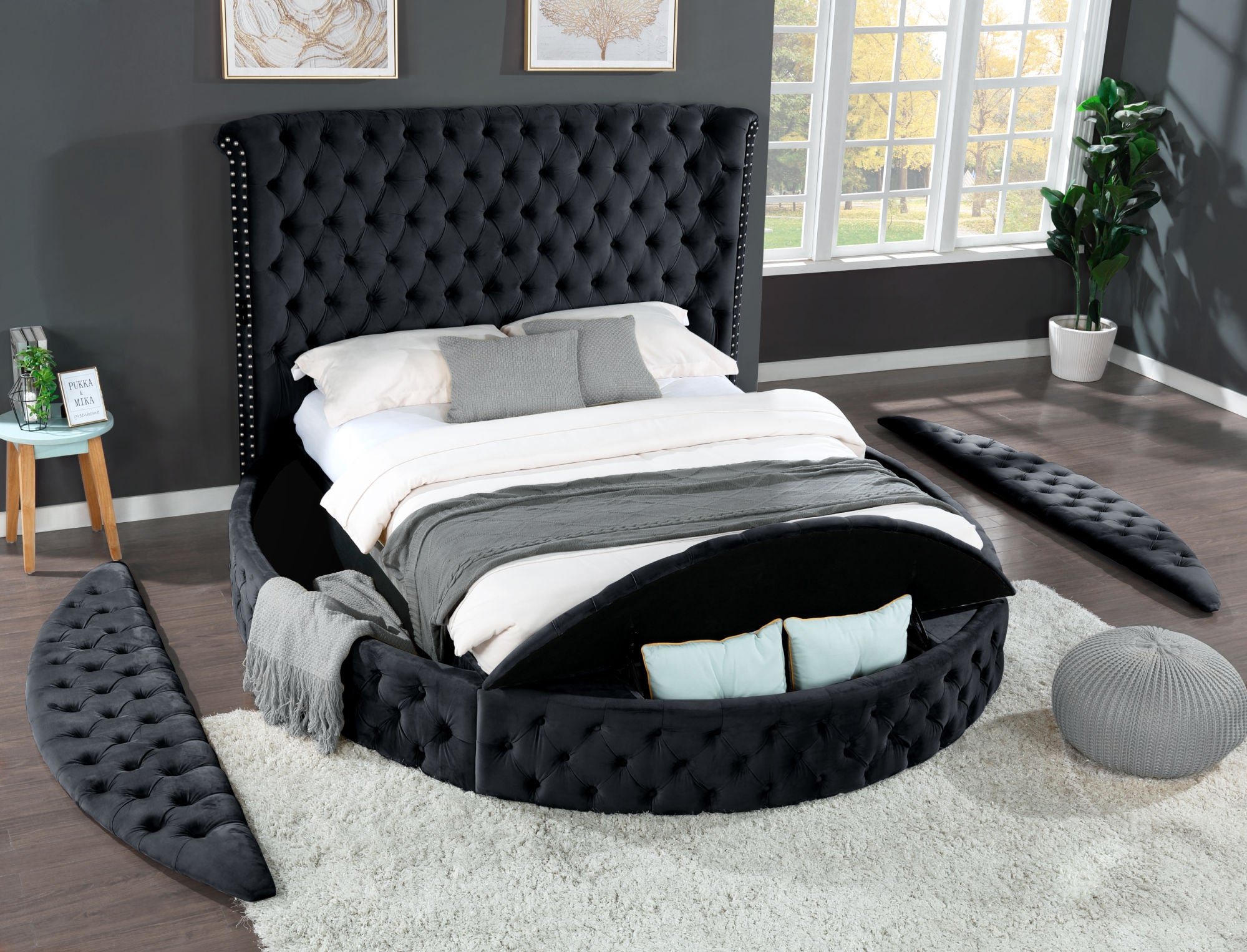 Hazel Queen Size Tufted Upholstery Storage Bed made with Wood in Black